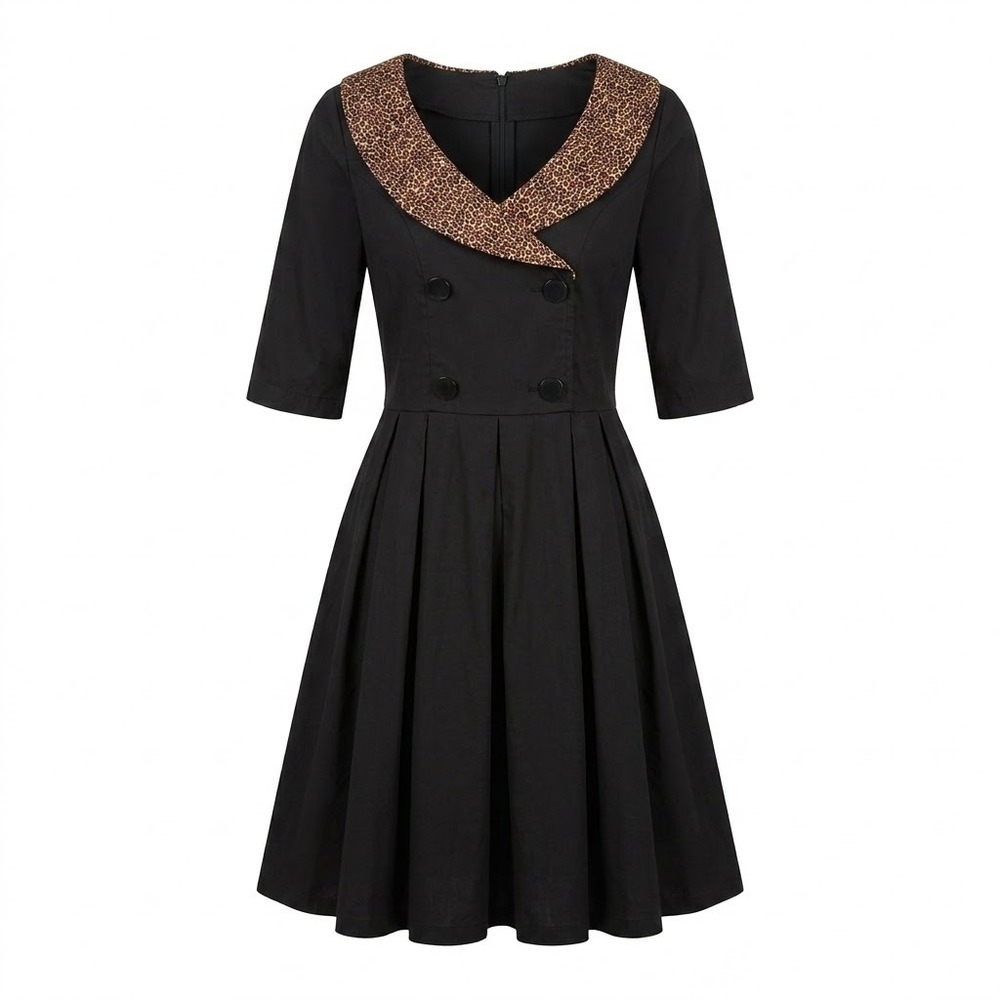 NEW Lindy Bop SMALL Black Rockabilly Dress Leopard Collar Pleated Fit Flare